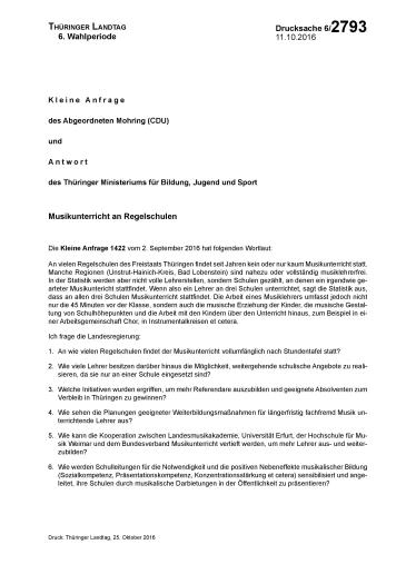 Cover Kleine Anfrage Musikunterricht an Regelschulen in Thüringen