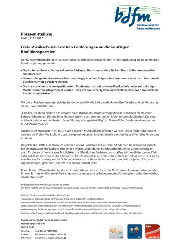 Cover Forderungen Freier Musikschulen