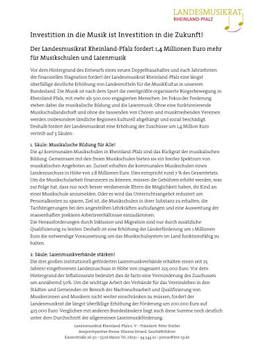 Cover des Positionspapiers Investition in die Musik ist Investition in die Zukunft