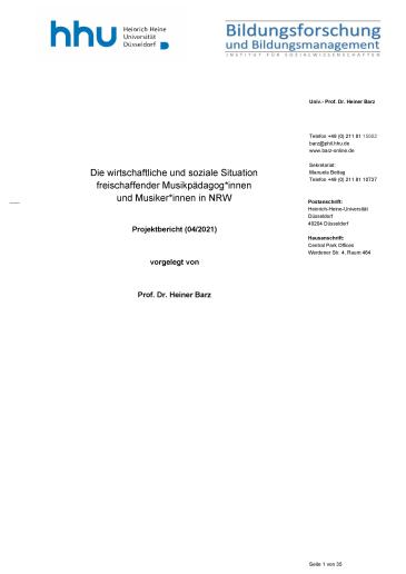 Cover Die wirtschaftliche und soziale Situation freischaffender Musikpädagog*innen und Musiker*innen in NRW