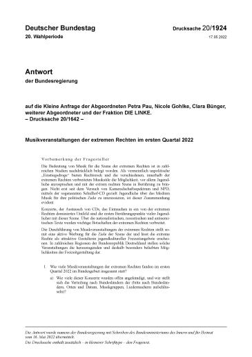 Cover Kleine Anfrage Rechtsextreme Musik