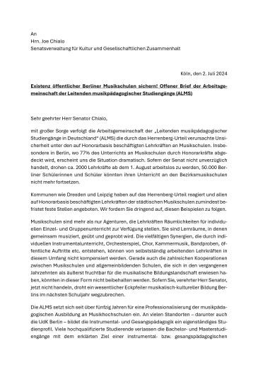 Cover Appell zur Sicherung der Berliner Musikschulen