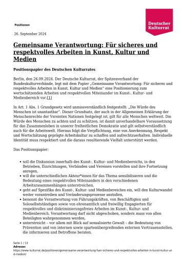 Abbildung: Erste Seite des Positionspapiers