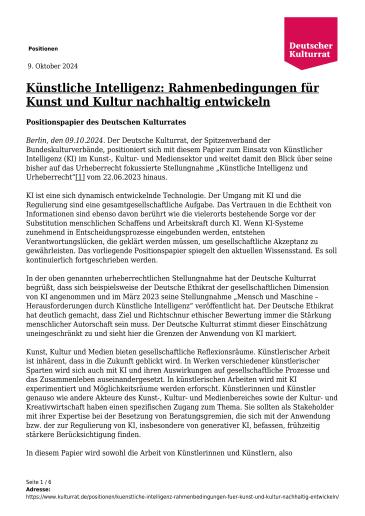 Cover Künstliche Intelligenz - Rahmenbedingungen für Kunst und Kultur nachhaltig entwickeln