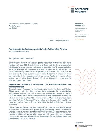 Cover Positionspapier des Deutschen Musikrats für den Wahlkampf der Parteien zur Bundestagswahl 2025