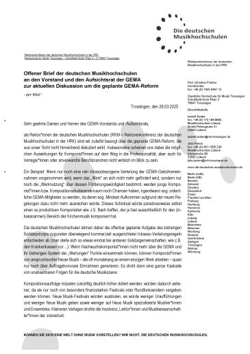 Cover Offener Brief der deutschen Musikhochschulen an die GEMA