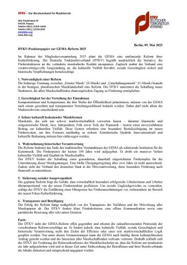 Cover DTKV Positionspapier GEMA-Reform