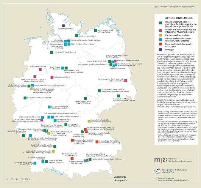 Karte: Ausbildungsstätten für Pop, Rock und Jazz
