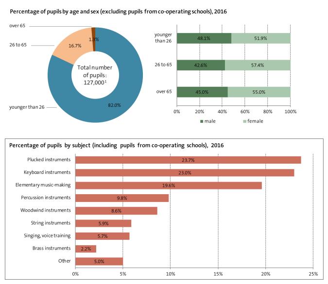 Figure: Age distribution and subject enrolment at private music schools in the National Association of Free Music Schools (bdfm)