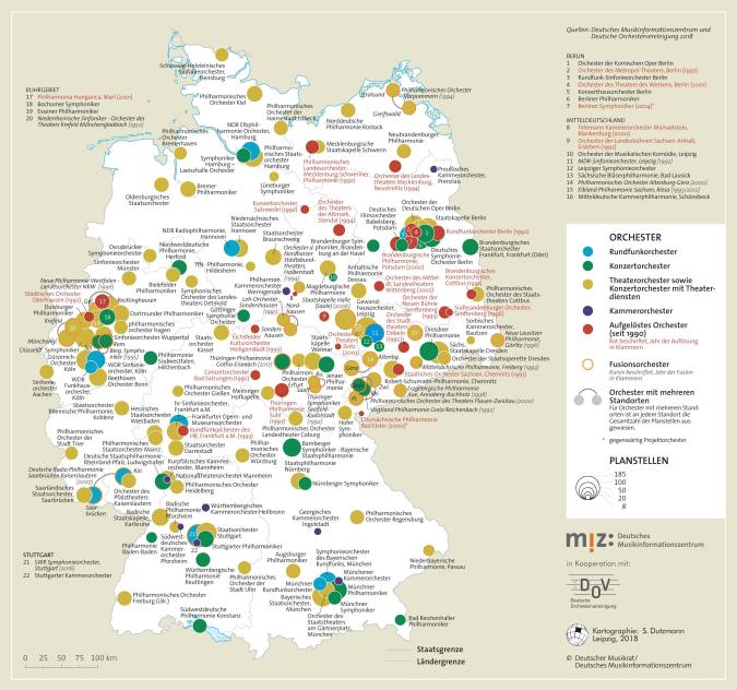 Abbildung: Deutschlandkarte mit den 129 öffentlich-finanzierten Orchestern