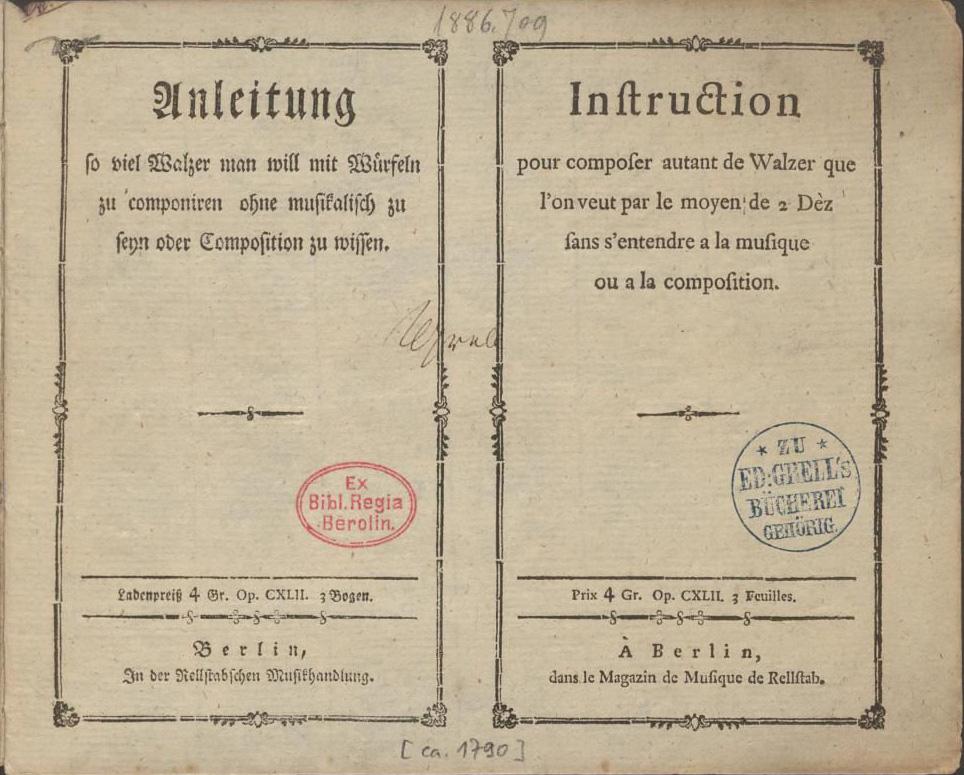 Titelblatt Anleitung so viel Walzer man will mit Würfeln zu componieren ohne musikalisch zu seyn oder Composition zu wissen, Berlin [ca. 1790]