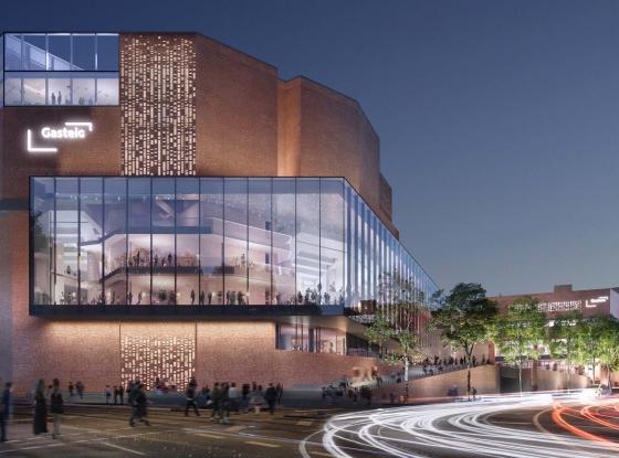 Digitales Modell eines futristischen Klinker-Baus mit Glasfassade